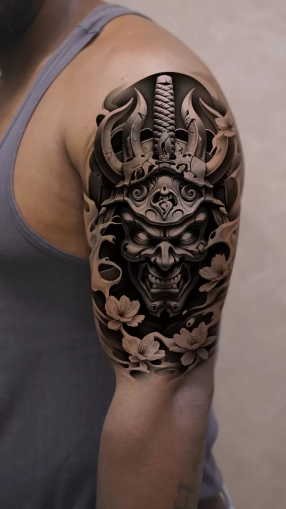 Tattoo Shop in Chennai 17 samurai mask cover up tattoo by Machu Tattoos, tattoo shop in Chennai and across India